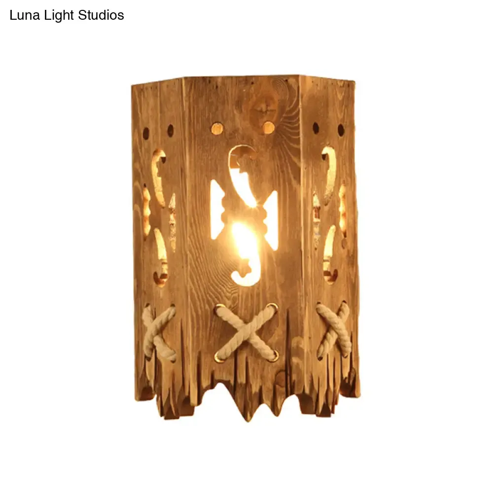 Rustic Wood Cylinder Shade Wall Lamp - 1 Head Brown Wall Sconce for Restaurants