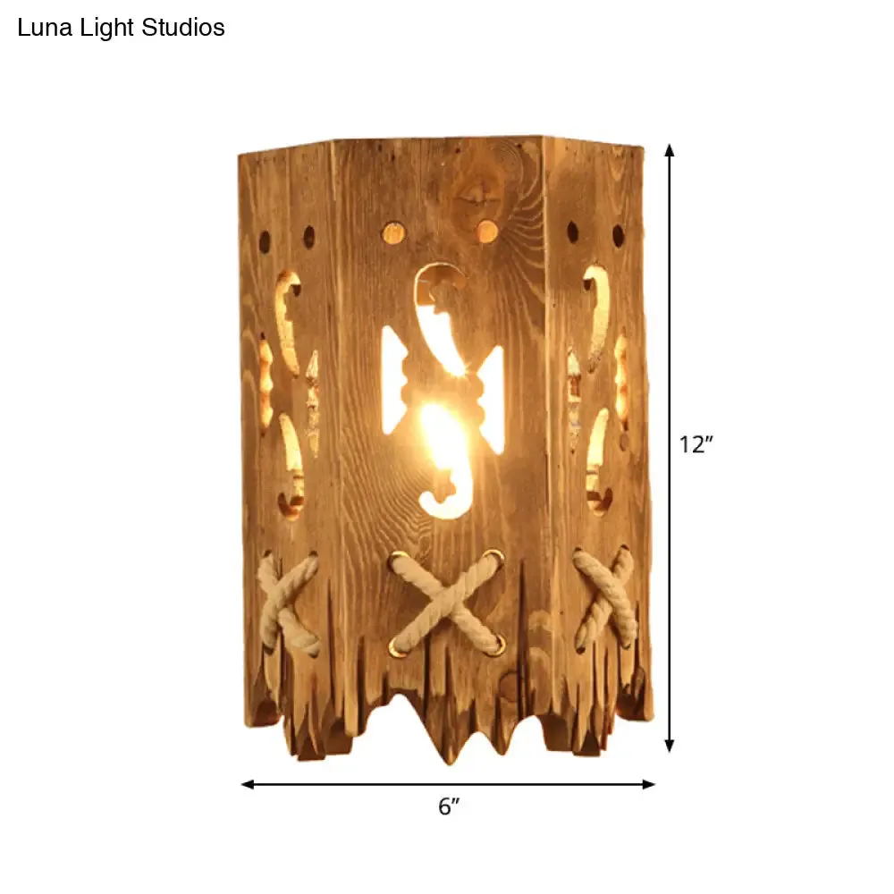 Rustic Wood Cylinder Shade Wall Lamp - 1 Head Brown Wall Sconce for Restaurants