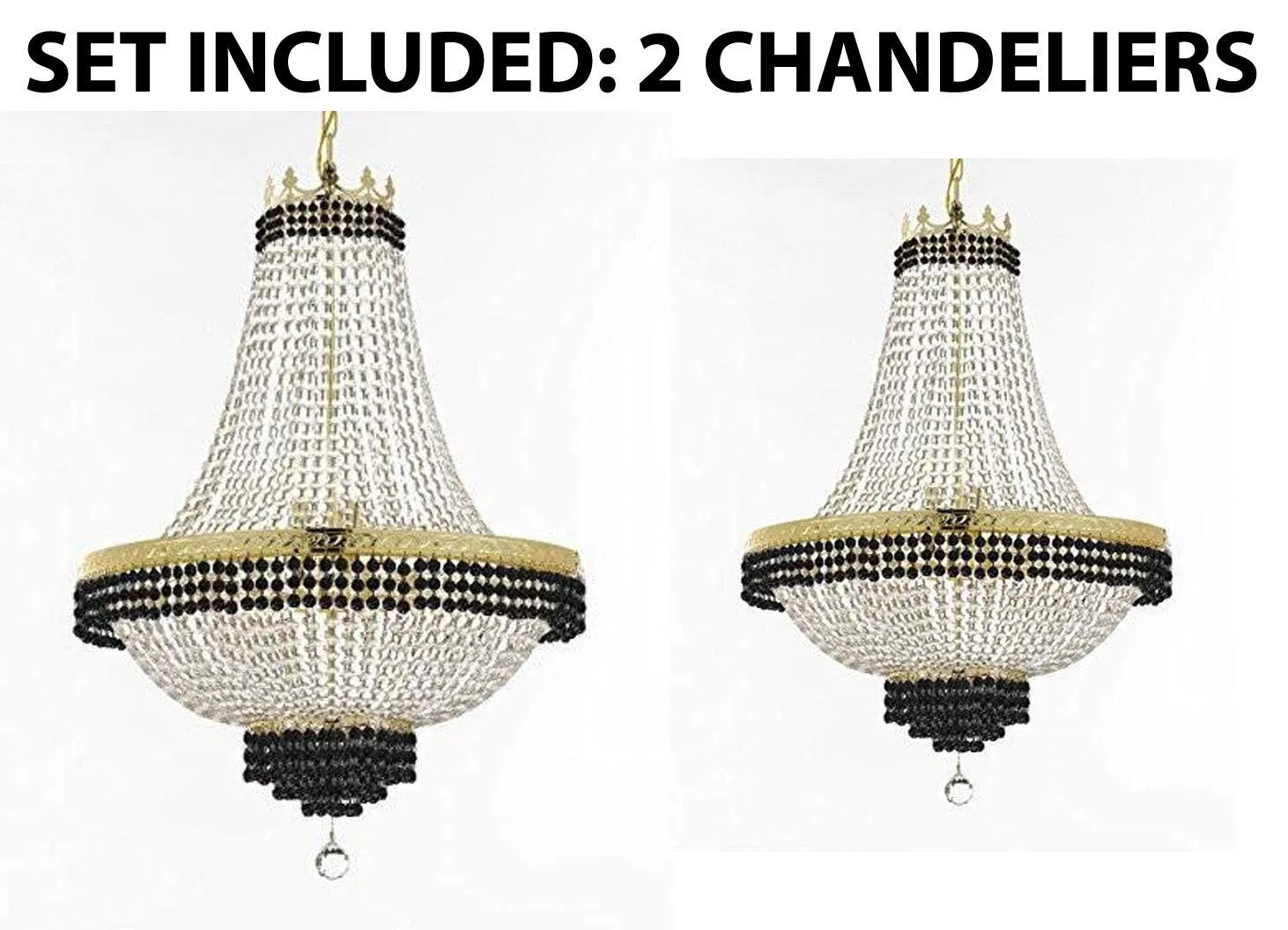 Set of 2-1 French Empire Crystal Chandelier Lighting Trimmed w/Jet Black Crystal! H36" X W30" and 1 Flush French Empire Crystal Chandelier Trimmed with Jet Black Crystal! H30" X W24" - B79/CG/870/14   B79/CG/870/9