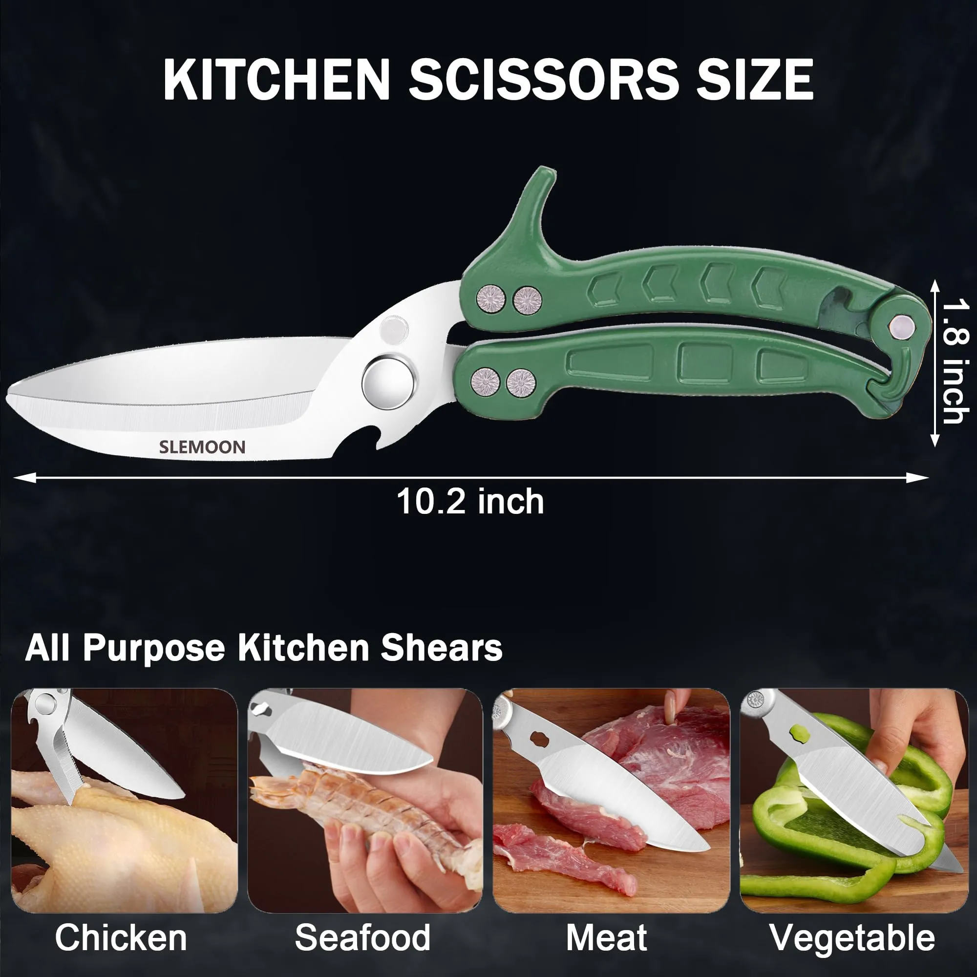 SLEMOON Kitchen Shears Heavy Duty Poultry Shears Meat Cutting Dishwasher Safe and Stainless Food Kitchen Scissors for Chicken Turkey Thanksgiving,Green