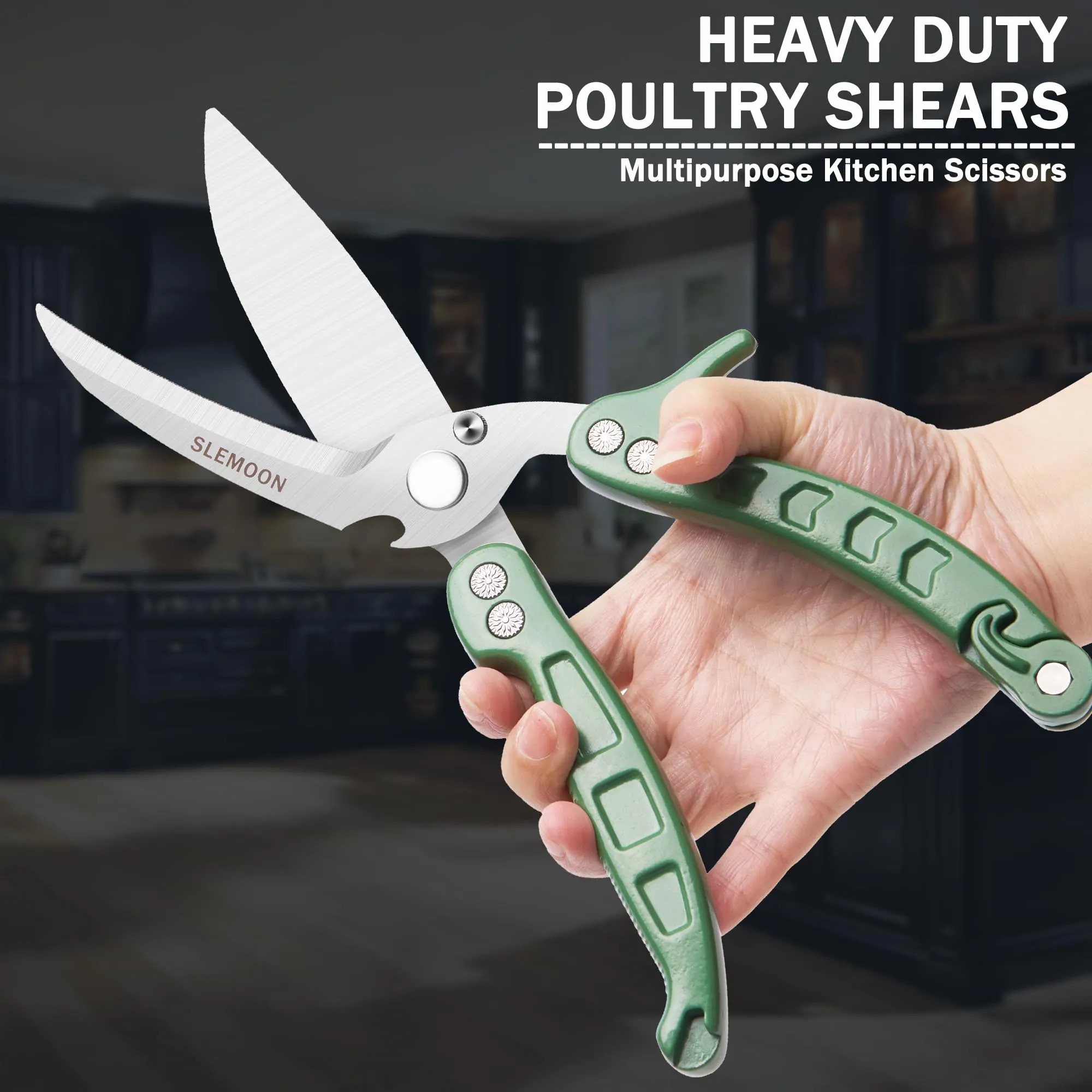 SLEMOON Kitchen Shears Heavy Duty Poultry Shears Meat Cutting Dishwasher Safe and Stainless Food Kitchen Scissors for Chicken Turkey Thanksgiving,Green