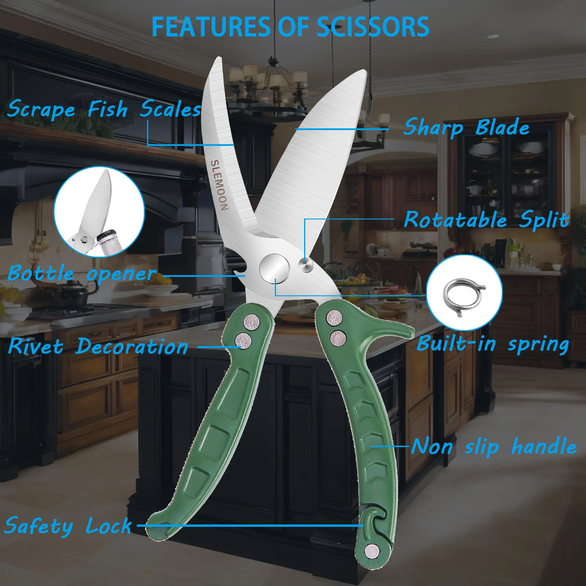 SLEMOON Kitchen Shears Heavy Duty Poultry Shears Meat Cutting Dishwasher Safe and Stainless Food Kitchen Scissors for Chicken Turkey Thanksgiving,Green