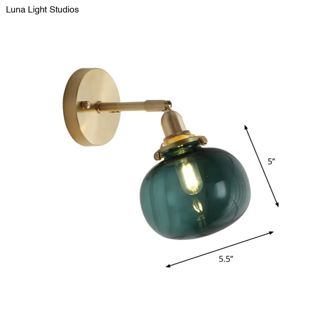 Small Brass Pumpkin Wall Lamp with Clear Ribbed/Blue Glass - Bedroom Lighting with Adjustable Joint