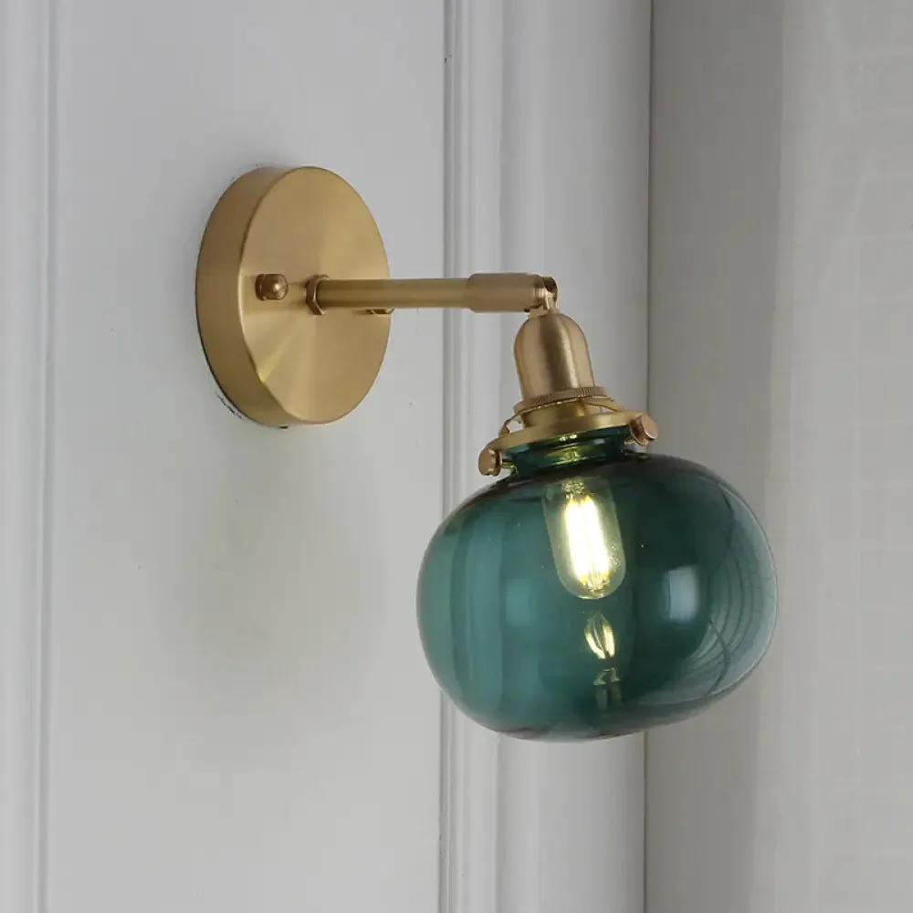 Small Brass Pumpkin Wall Lamp with Clear Ribbed/Blue Glass - Bedroom Lighting with Adjustable Joint