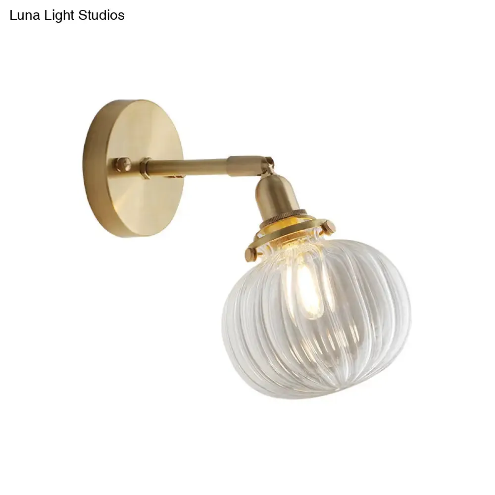 Small Brass Pumpkin Wall Lamp with Clear Ribbed/Blue Glass - Bedroom Lighting with Adjustable Joint