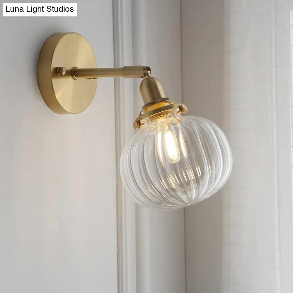 Small Brass Pumpkin Wall Lamp with Clear Ribbed/Blue Glass - Bedroom Lighting with Adjustable Joint