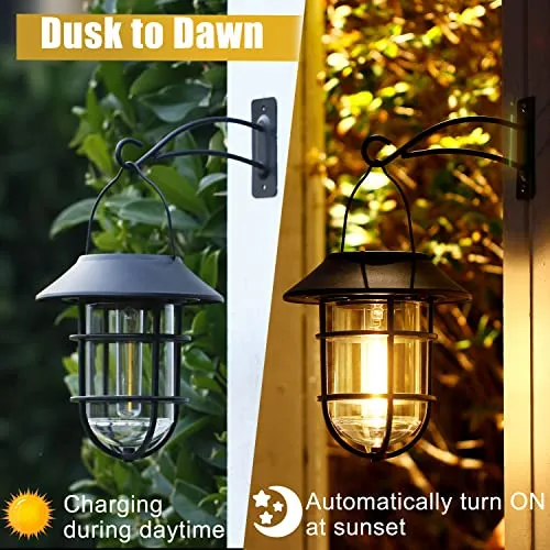 Solar Lantern Outdoor Hanging Solar Lights, Waterproof Metal Solar Outdoor Lights with Clear Glass, LED Edison Bulbs Decorative Wall Lantern with Hooks, No Wiring Required, 2 Pack