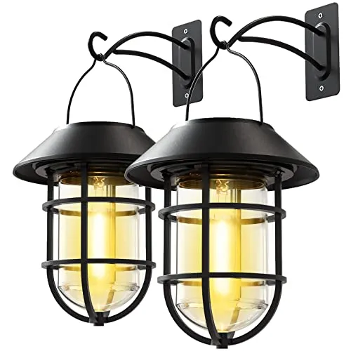 Solar Lantern Outdoor Hanging Solar Lights, Waterproof Metal Solar Outdoor Lights with Clear Glass, LED Edison Bulbs Decorative Wall Lantern with Hooks, No Wiring Required, 2 Pack