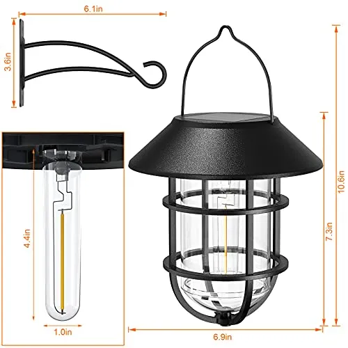 Solar Lantern Outdoor Hanging Solar Lights, Waterproof Metal Solar Outdoor Lights with Clear Glass, LED Edison Bulbs Decorative Wall Lantern with Hooks, No Wiring Required, 2 Pack