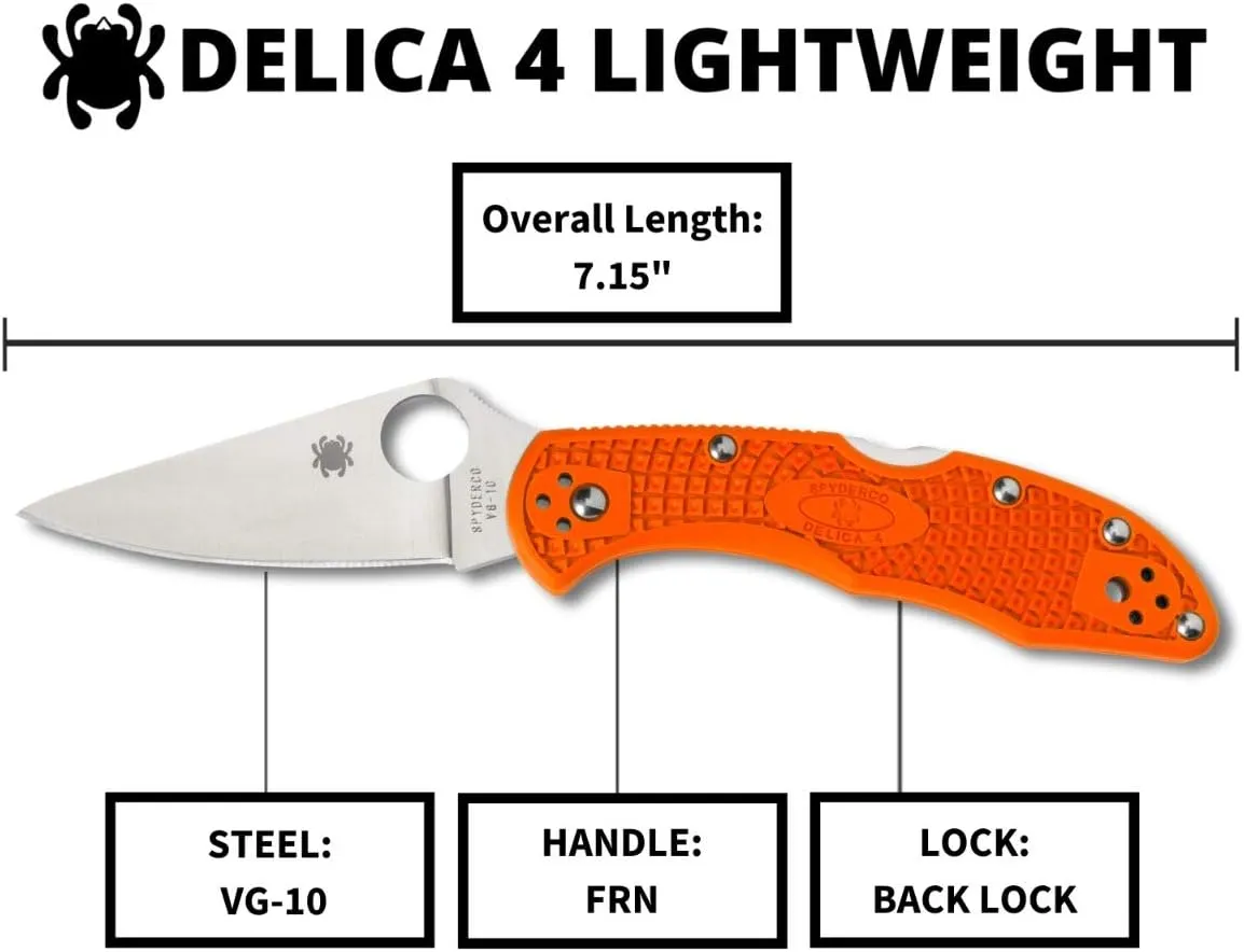 Spyderco, Delica 4 Lightweight 7.15" Signature Folding Knife with 2.90" Flat-Ground Steel Blade and High-Strength FRN Handle - PlainEdge Grind