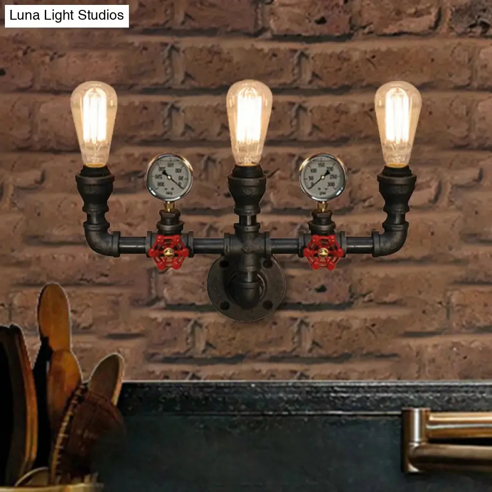 Steampunk Restaurant Wall Lighting in Black: 2/3-Lights Wall Mount with Metal Pipe and Gauge