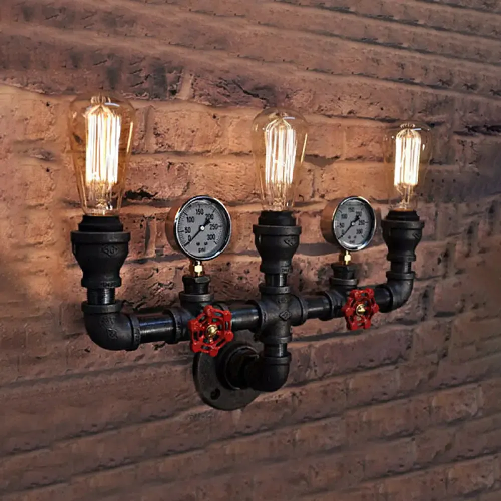 Steampunk Restaurant Wall Lighting in Black: 2/3-Lights Wall Mount with Metal Pipe and Gauge