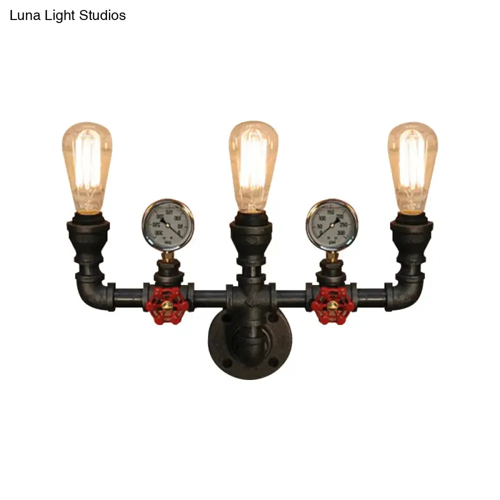 Steampunk Restaurant Wall Lighting in Black: 2/3-Lights Wall Mount with Metal Pipe and Gauge