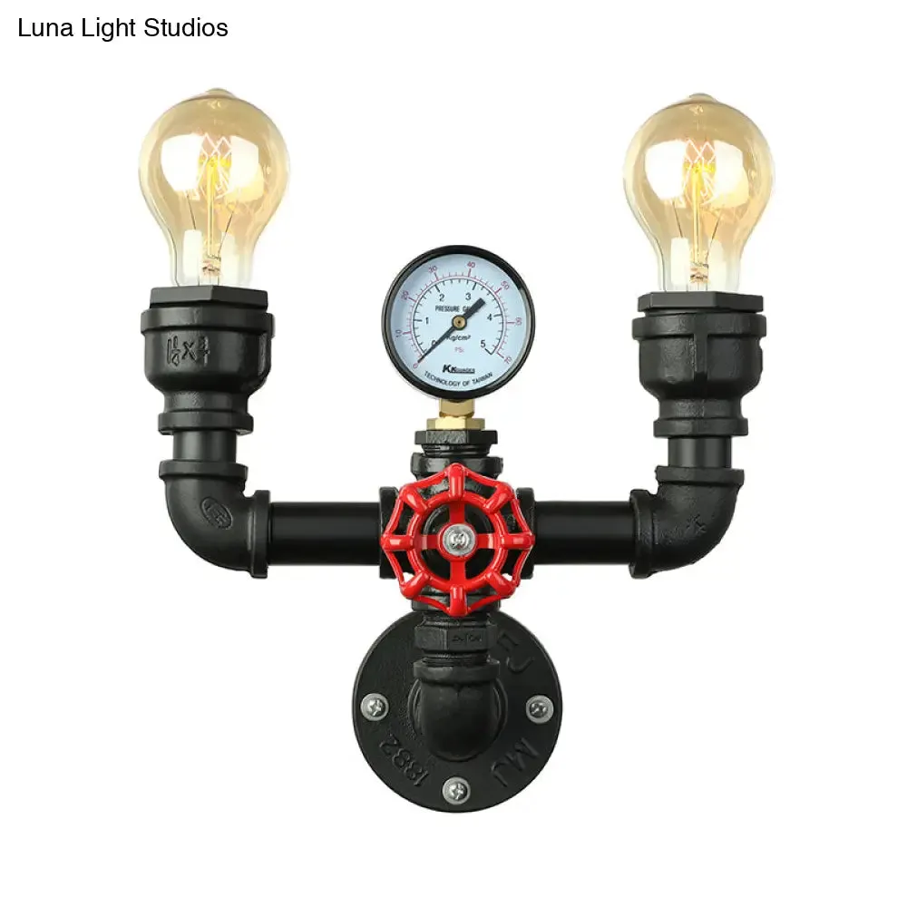 Steampunk Restaurant Wall Lighting in Black: 2/3-Lights Wall Mount with Metal Pipe and Gauge