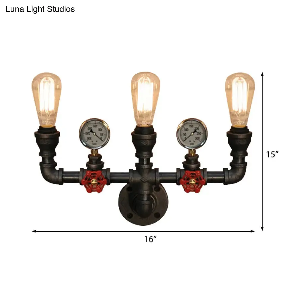 Steampunk Restaurant Wall Lighting in Black: 2/3-Lights Wall Mount with Metal Pipe and Gauge