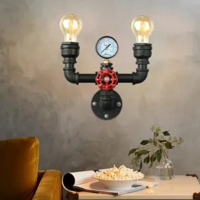 Steampunk Restaurant Wall Lighting in Black: 2/3-Lights Wall Mount with Metal Pipe and Gauge