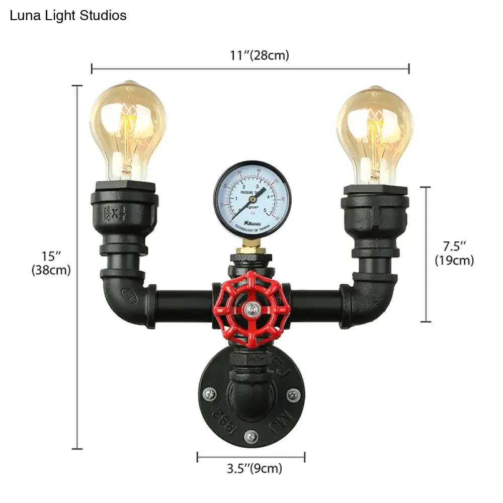 Steampunk Restaurant Wall Lighting in Black: 2/3-Lights Wall Mount with Metal Pipe and Gauge