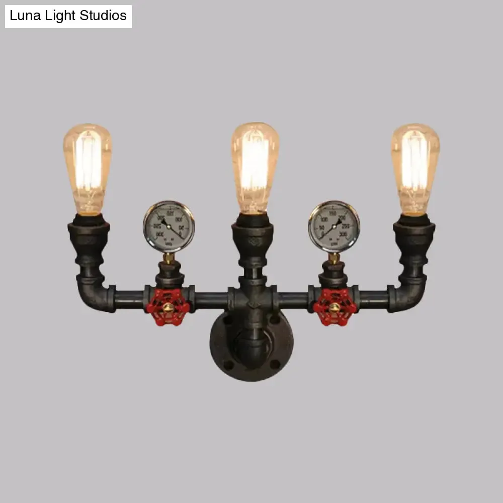 Steampunk Restaurant Wall Lighting in Black: 2/3-Lights Wall Mount with Metal Pipe and Gauge