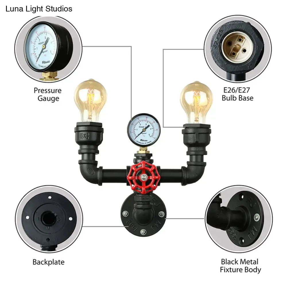 Steampunk Restaurant Wall Lighting in Black: 2/3-Lights Wall Mount with Metal Pipe and Gauge