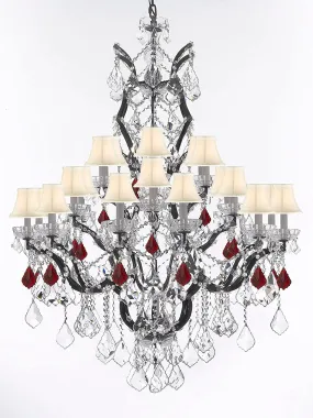 Swarovski Crystal Trimmed Chandelier 19th C. Baroque Iron & Crystal Chandelier Lighting Dressed w/Ruby Red Crystals H 52" x W 41" - Great for the Dining Room, Entry Way, Living Room w/White Shades - G83-B98/WHITESHADES/996/25SW