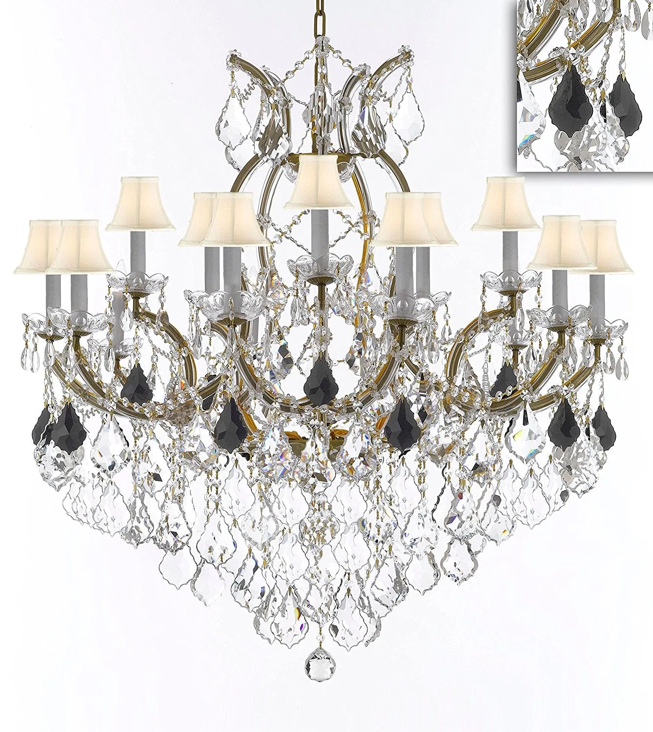 Swarovski Crystal Trimmed Maria Theresa Chandelier Crystal Lighting Chandeliers Lights Fixture Pendant Ceiling Lamp for Dining room, Entryway , Living room H38" XW37" - Dressed with Jet Black Crystal - A83-B97/WHITESHADES/21510/15 1SW