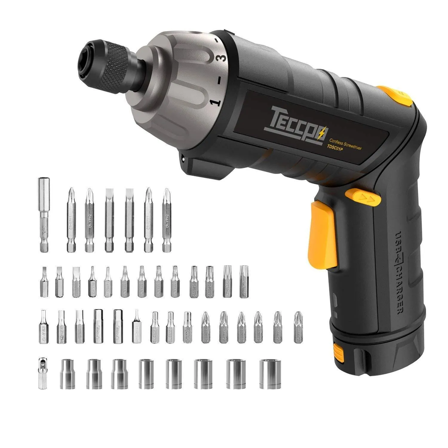 TECCPO Electric Screwdriver, 45Pcs 6Nm, TECCPO Cordless Screwdriver, 2000mAh Li-ion, 9 1 Torque Gears, Self-lock Chuck, 2 LED Lights, Adjustable 2 Position - TDSC01P