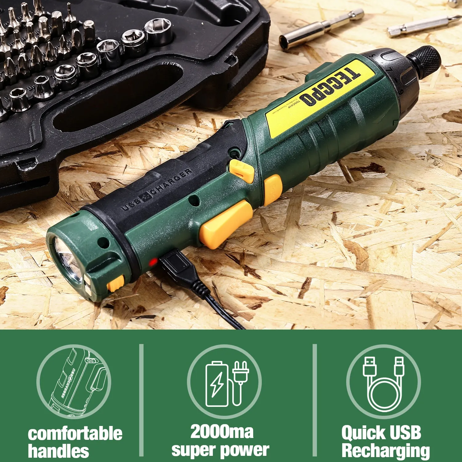 TECCPO Electric Screwdriver, 45Pcs 6Nm, TECCPO Cordless Screwdriver, 2000mAh Li-ion, 9 1 Torque Gears, Self-lock Chuck, 2 LED Lights, Adjustable 2 Position - TDSC01P