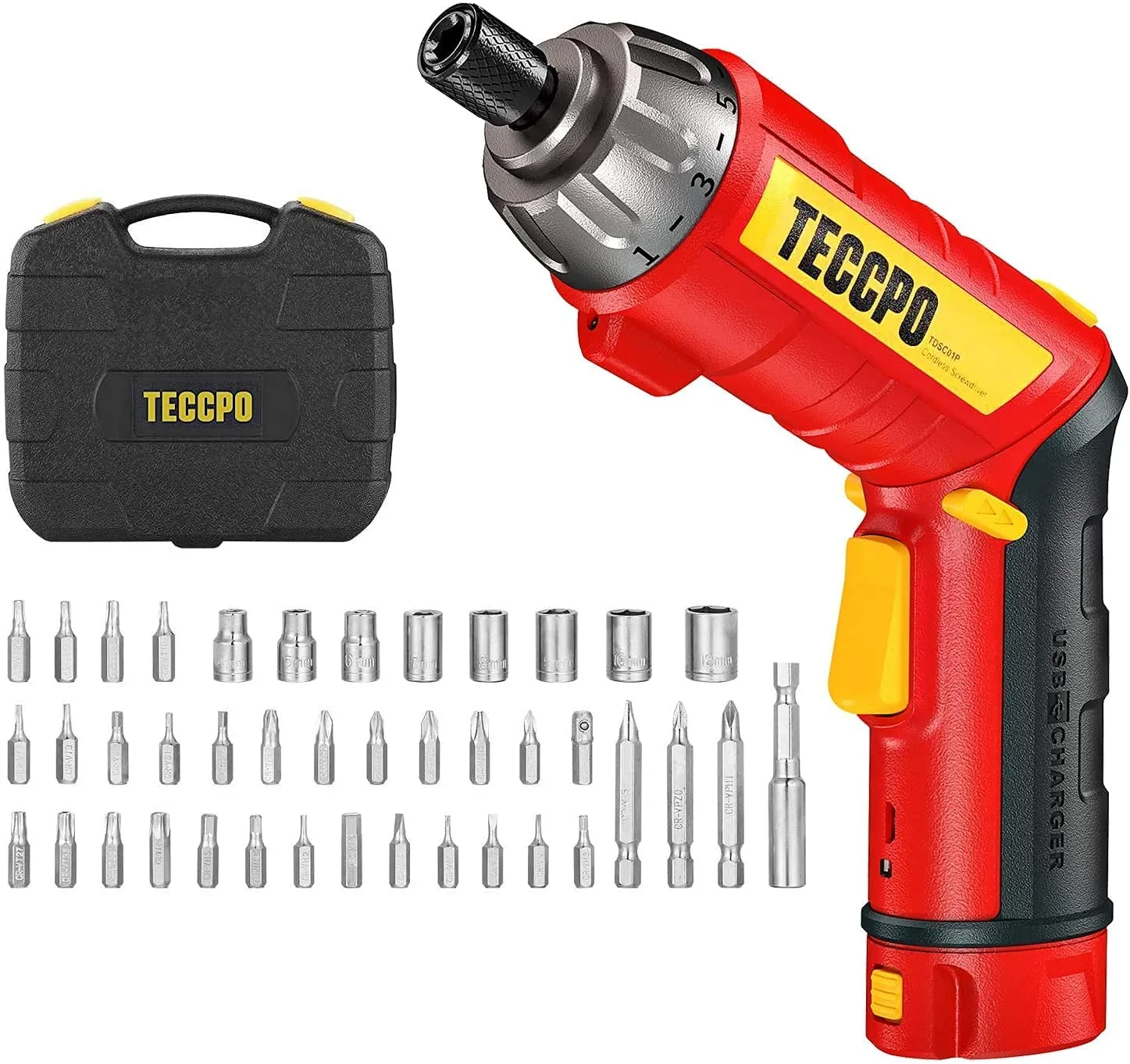 TECCPO Electric Screwdriver, 45Pcs 6Nm, TECCPO Cordless Screwdriver, 2000mAh Li-ion, 9 1 Torque Gears, Self-lock Chuck, 2 LED Lights, Adjustable 2 Position - TDSC01P