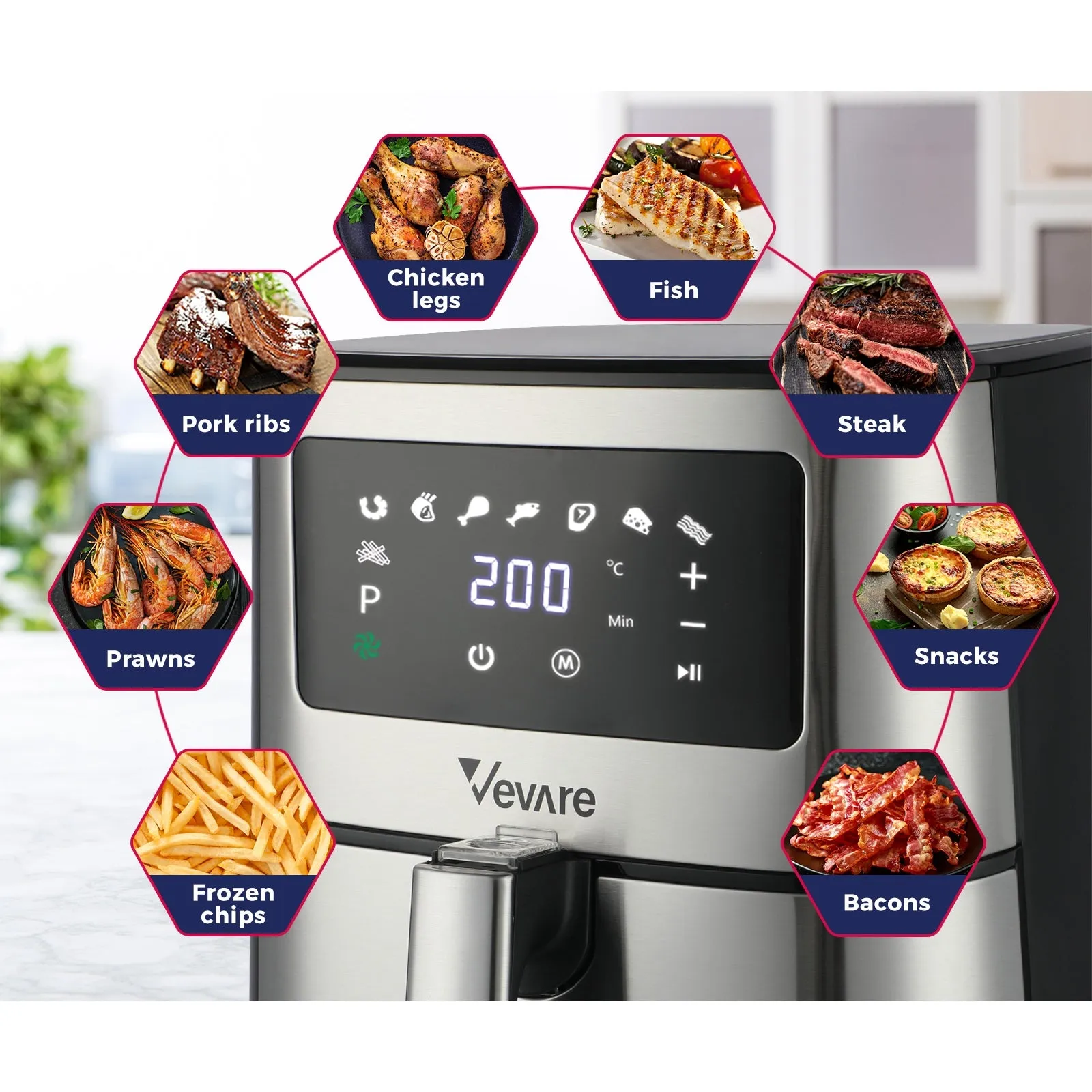 Vevare Air Fryer 5.5L LCD Airfryers Electric Oven Oil Free Kitchen Cooker Silver