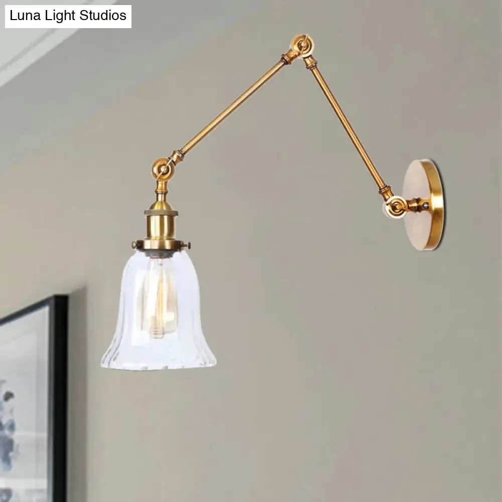 Vintage Style Brass Flared Wall Lighting with Clear Textured Glass - 1 Light Sconce Fixture for Living Rooms