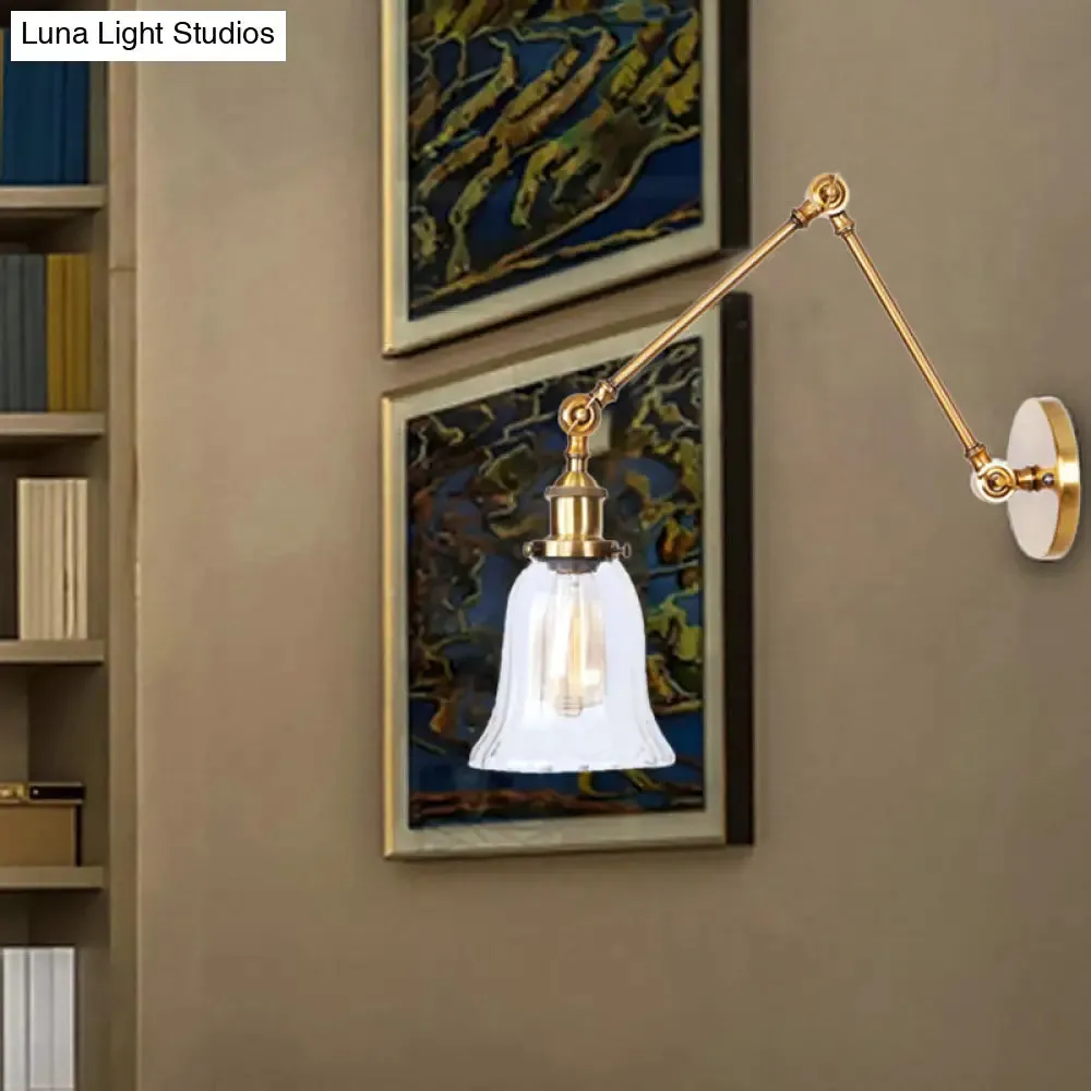 Vintage Style Brass Flared Wall Lighting with Clear Textured Glass - 1 Light Sconce Fixture for Living Rooms