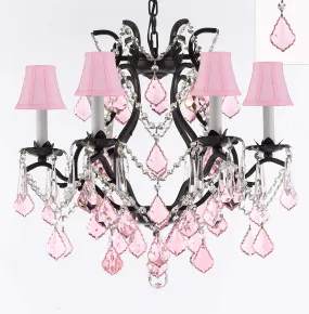 Wrought Iron Crystal Chandelier Lighting Chandeliers H19" x W20" Dressed with Swarovski Crystals and with Pink Crystals and Pink Shades! Great for Bedroom, Kitchen, Dining Room, Living Room, and More - F83-B20/PINKSHADES/3530/6SW