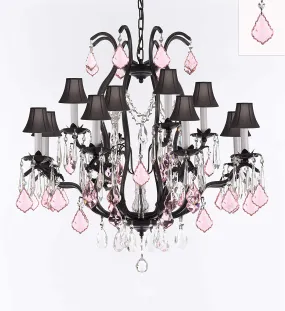 Wrought Iron Crystal Chandelier Lighting Chandeliers H30" x W28" Dressed with Pink Crystals and Black Shades! Great for Bedroom, Kitchen, Dining Room, Living Room, and more! - F83-B110/3034/8 4-BLACKSHADES