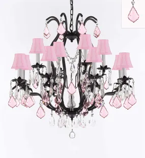 Wrought Iron Crystal Chandelier Lighting Chandeliers H30" x W28" Dressed with Swarovski Crystals and with Pink Crystals and Pink Shades! Great for Bedroom, Kitchen, Dining Room, Living Room, and more! - F83-B110/PINKSHADES/3034/8 4SW